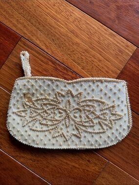 Made in Japan Beaded Clutch Ivory Gold Floral Evening Purse